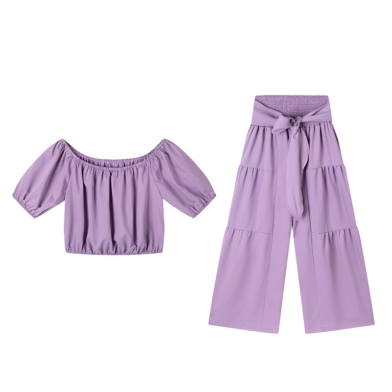 👗 50% RABATT ✨ | Off-Shoulder Topp & Vida Byxor – Puffärm & Hög Midja