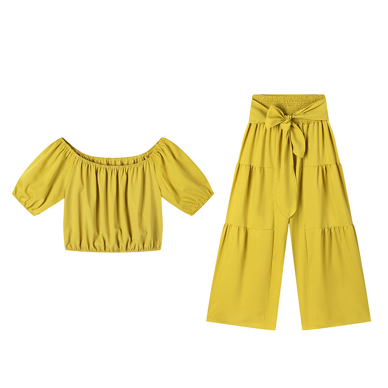 👗 50% RABATT ✨ | Off-Shoulder Topp & Vida Byxor – Puffärm & Hög Midja