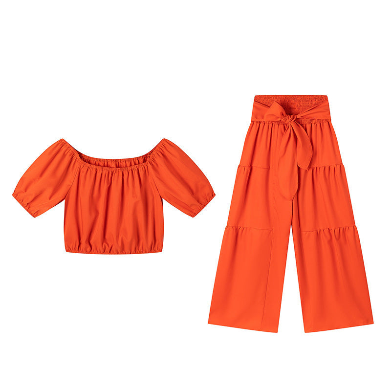 👗 50% RABATT ✨ | Off-Shoulder Topp & Vida Byxor – Puffärm & Hög Midja