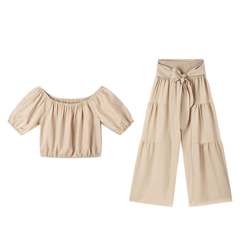 👗 50% RABATT ✨ | Off-Shoulder Topp & Vida Byxor – Puffärm & Hög Midja