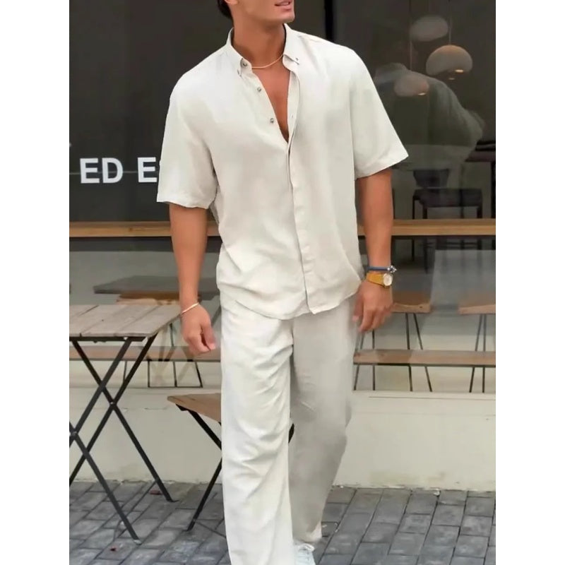 ✨Populära produkter med 50 % rabatt✨Kortärmade toppar med kavajslag för män ＆ byxor 2-delat set👔