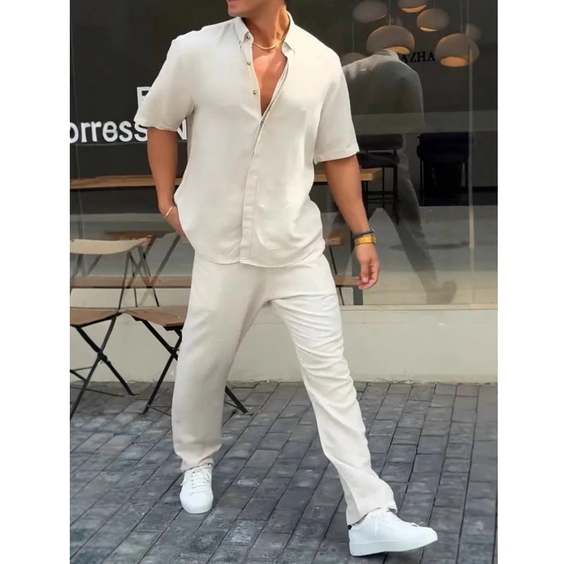 ✨Populära produkter med 50 % rabatt✨Kortärmade toppar med kavajslag för män ＆ byxor 2-delat set👔
