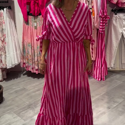 Randig V-neckad klänning för kvinnor