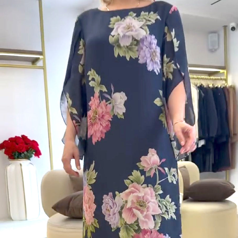 🌺Elegant långklänning med rund hals och tryck för kvinnor