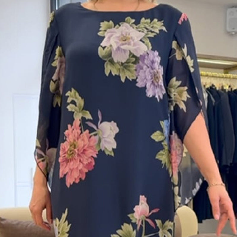 🌺Elegant långklänning med rund hals och tryck för kvinnor