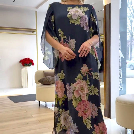 🌺Elegant långklänning med rund hals och tryck för kvinnor