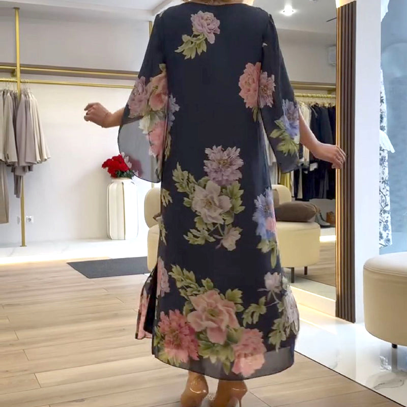 🌺Elegant långklänning med rund hals och tryck för kvinnor