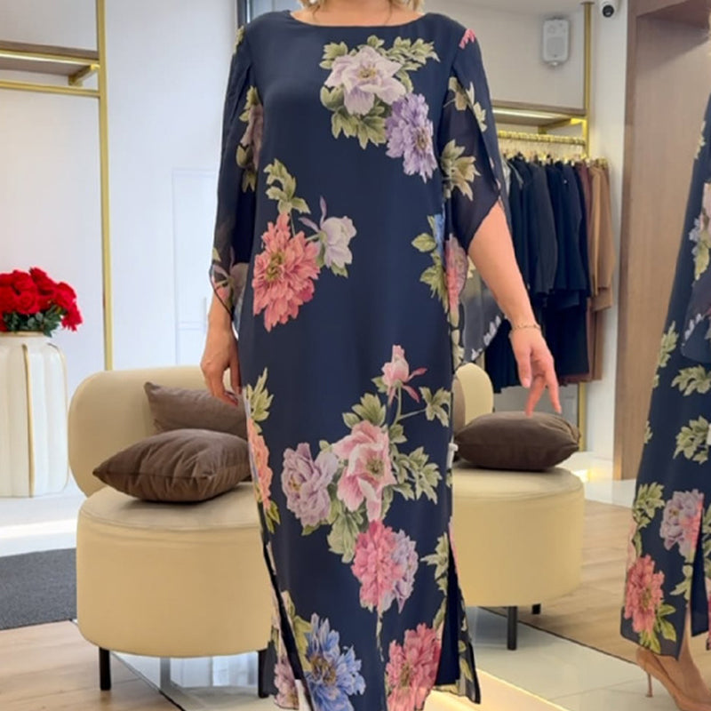 🌺Elegant långklänning med rund hals och tryck för kvinnor