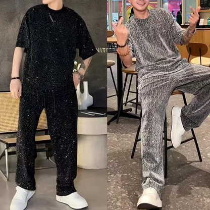 Herrkortärmad topp och vida byxor, 2-delat set