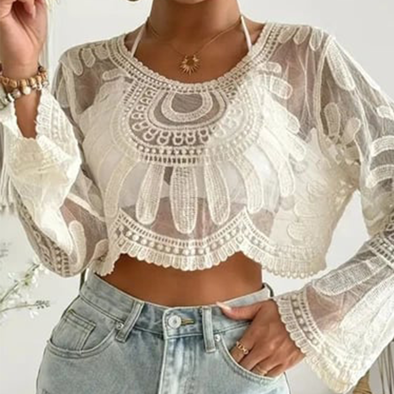 🌺 Damernas Blomsterbroderade Genomskinlig Överdragsklänning 🌊 Söt långärmad rundhalsad modell – perfekt för strandsemester och utomhusäventyr! ☀️