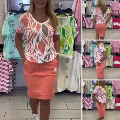 Kvinnors 2-delat set: Tryckt topp och stilig kjol