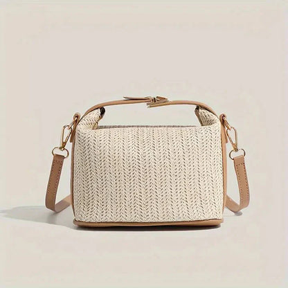 Stilren Vävd Handväska i Strå för Kvinnor med Avtagbar Rem och Spänne