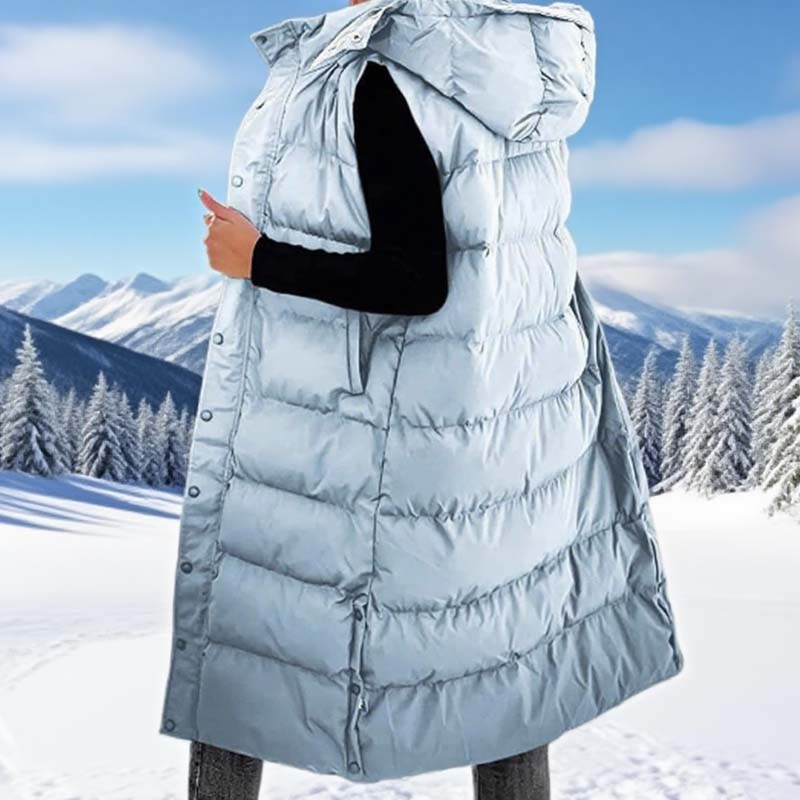 🔥 Lång pufferväst för damer | Quiltad huva och knappstängning ❄️