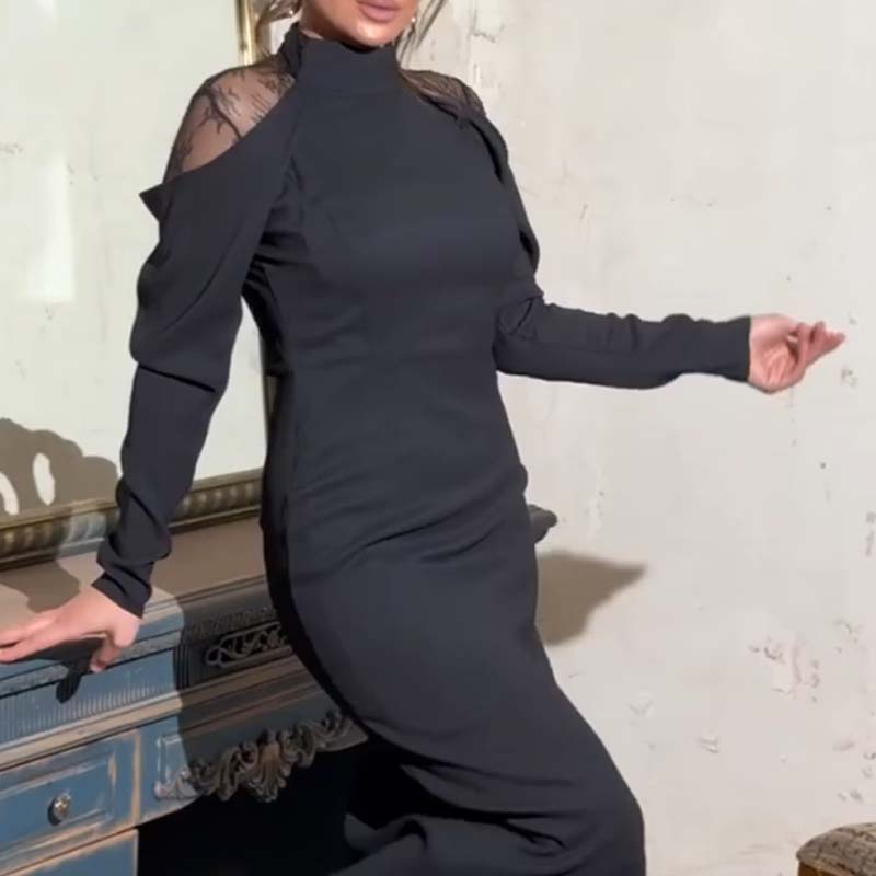 👗Elegant midiklänning för damer med ståkrage och spetsdetaljer på ryggen