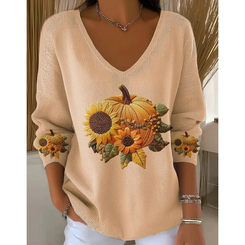 🍁🎃Broderad V-ringad damtröja för hösten✨