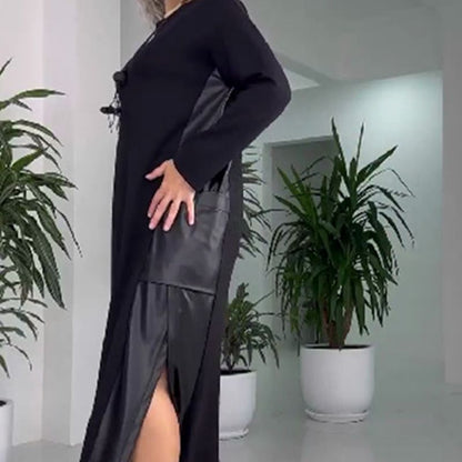 Kvinnor Avslappnade Lös Läder Patchwork Klänning med fickor