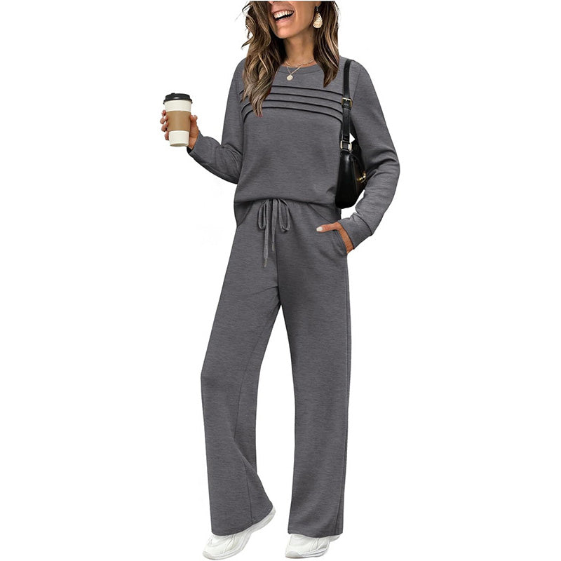 ⏳Begränsad tid 50 % rabatt⏰Damtröja med rund hals och byxor med dragsko👚👖