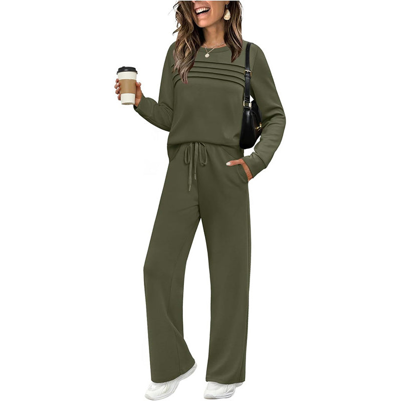 ⏳Begränsad tid 50 % rabatt⏰Damtröja med rund hals och byxor med dragsko👚👖