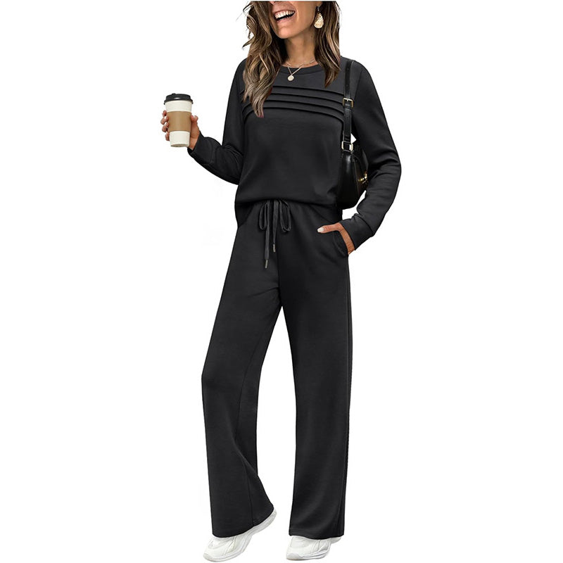 ⏳Begränsad tid 50 % rabatt⏰Damtröja med rund hals och byxor med dragsko👚👖