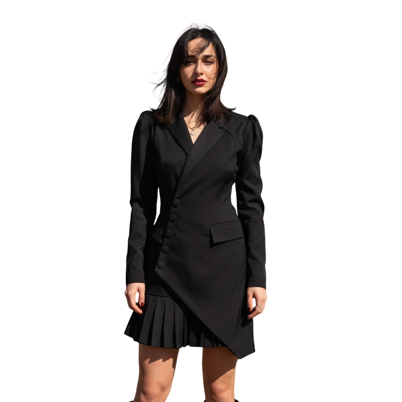 💖 Knappdetaljerad Plisserad Mini Blazerklänning 👗 Enkel Stil & Elegans