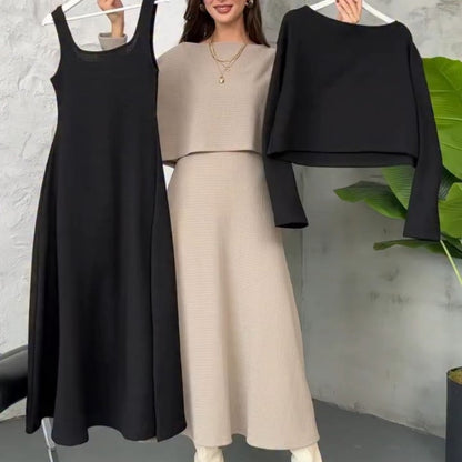 🔥Nyheter🔥2-delad stickad damklädsel med midilång klänning och kort topp