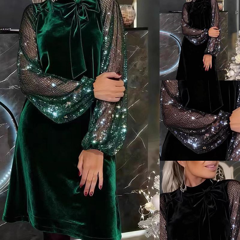 ⏳Begränsad tid 49 % Rabatt⏰Damklänning med Glitter och Fluga vid Halsen✨👗