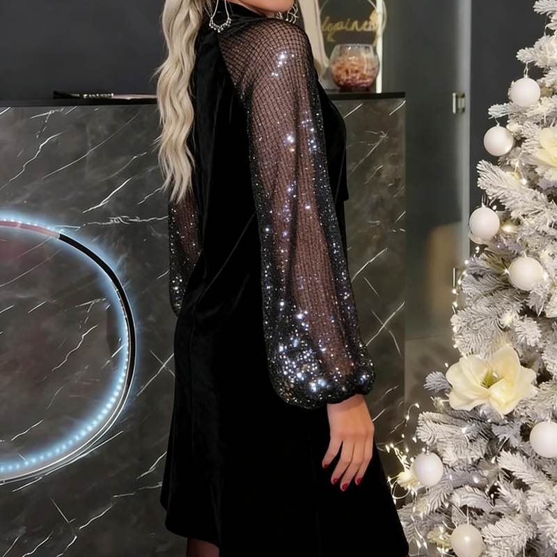 ⏳Begränsad tid 49 % Rabatt⏰Damklänning med Glitter och Fluga vid Halsen✨👗