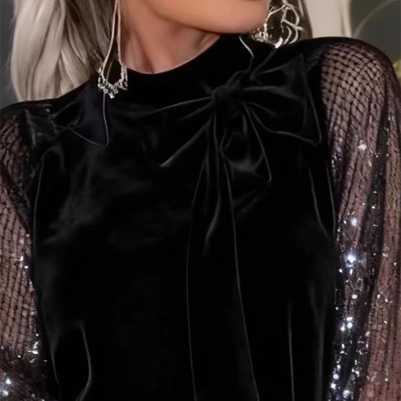 ⏳Begränsad tid 49 % Rabatt⏰Damklänning med Glitter och Fluga vid Halsen✨👗