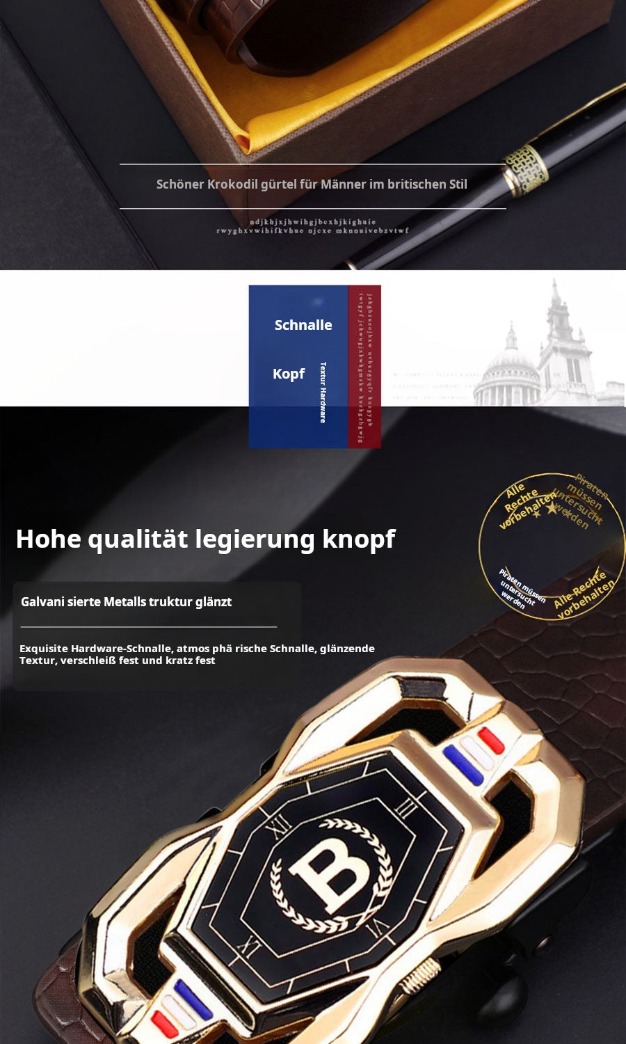 🐊 Herrbälte i läder med elegant krokodilmönster, automatisk spänne och tillverkat av kohud.