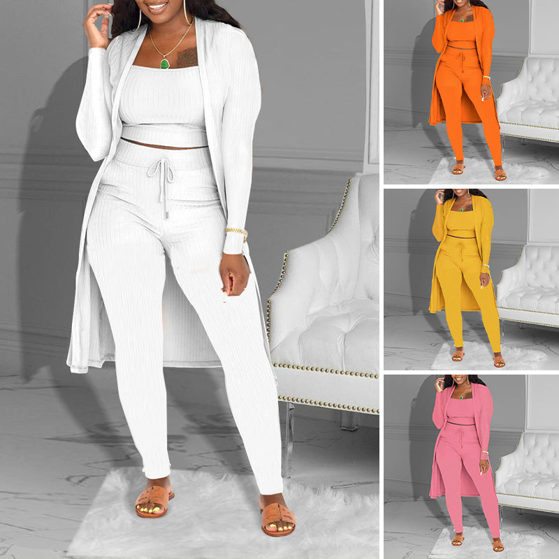 🔥🎁Nyhet 50 % RABATT✨🔥Casual stickat tredelat set – kort topp, kofta och byxor💞
