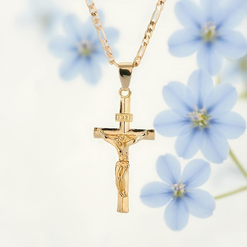 ✨ Guldkrucifixhalsband – Detaljerat INRI-motiv, justerbar figarokedja och glittrande finish 💛