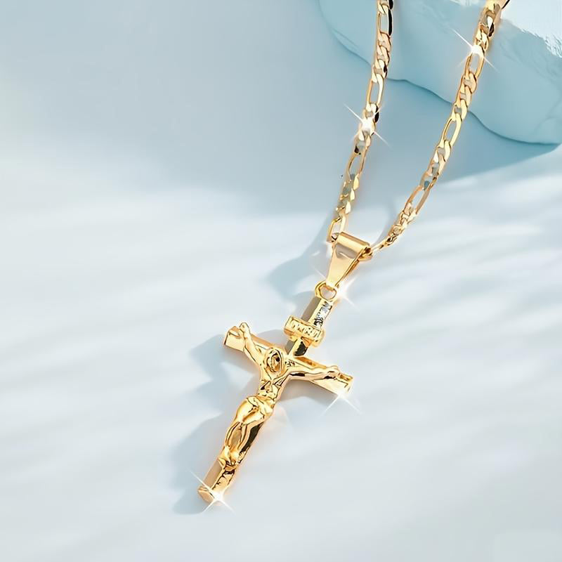 ✝️✨ Guldkrucifixhalsband – Detaljerat INRI-motiv, justerbar figarokedja och glittrande finish 💛