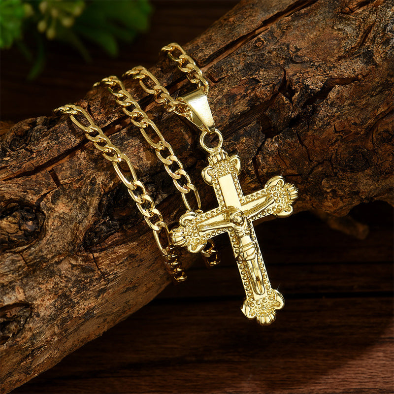 ✝️✨ Guldkrucifixhalsband – Detaljerat INRI-motiv, justerbar figarokedja och glittrande finish 💛