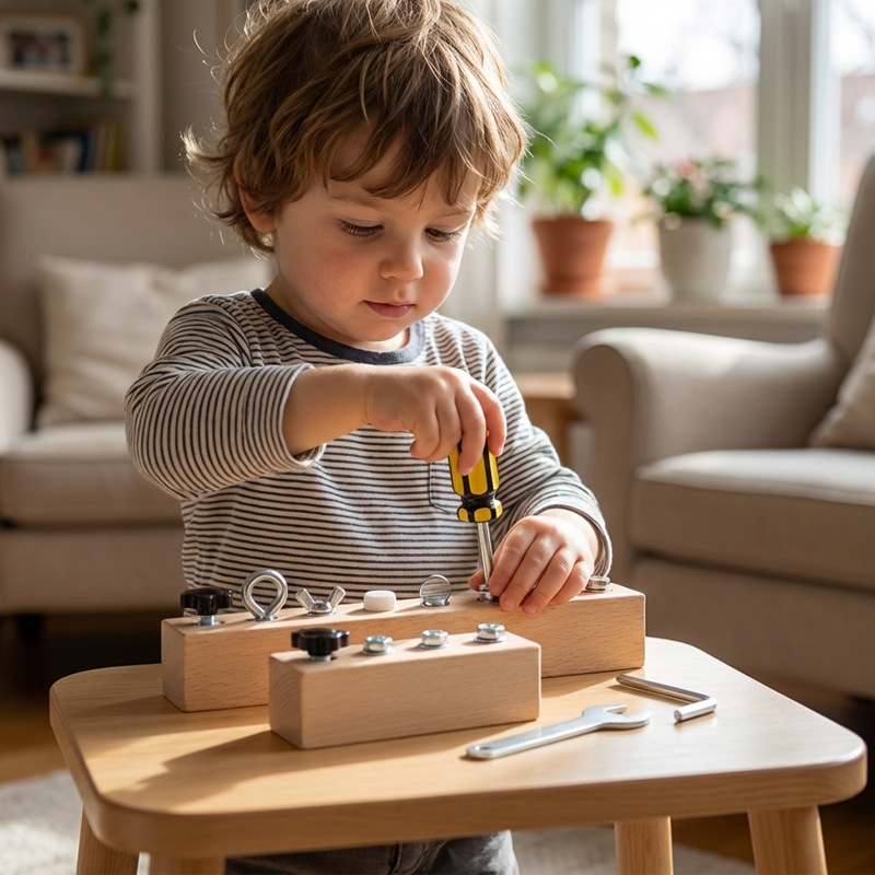 Montessori träleksak med skruvbräda