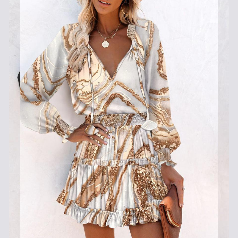 👗 60% RABATT! 💃 Damklänning med V-ringning – LÅNGÄRMAD, VOLANGAD FÅLL och smalt stretchtyg för en elegant look ✨