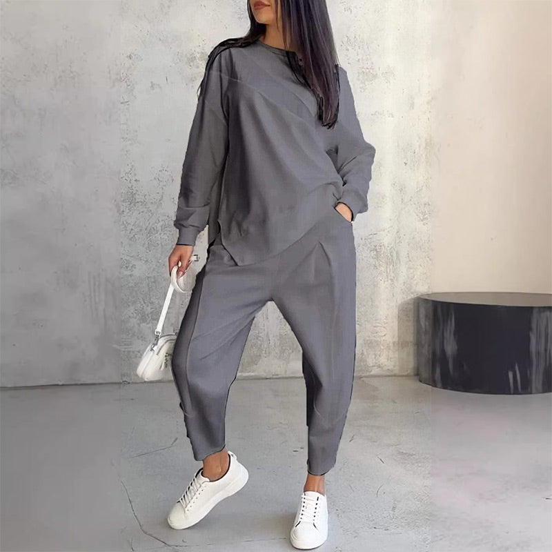 🌸✨Set med långärmade sweatshirts och byxor med oregelbunden nederkant för kvinnor