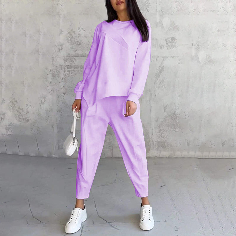 🌸✨Set med långärmade sweatshirts och byxor med oregelbunden nederkant för kvinnor
