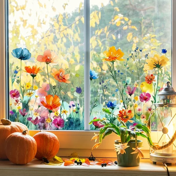 ✨SISTA DAGEN REA 50 % RABATT!💐Färgglad blomsterbukett fönsterdekal🖼️