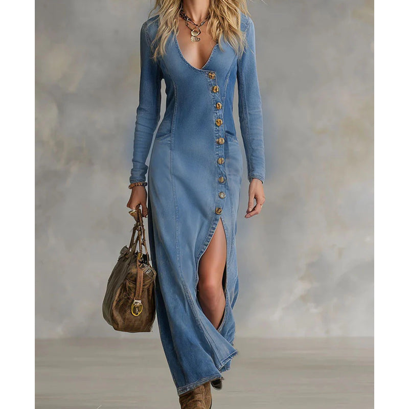 👗50% RABATT!🔥 Långärmad maxiklänning med v-ringning för dam – Mjukt tyg, åtsittande passform och elegant hög slits 💫💃