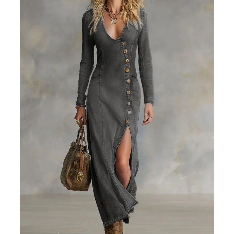 👗50% RABATT!🔥 Långärmad maxiklänning med v-ringning för dam – Mjukt tyg, åtsittande passform och elegant hög slits 💫💃