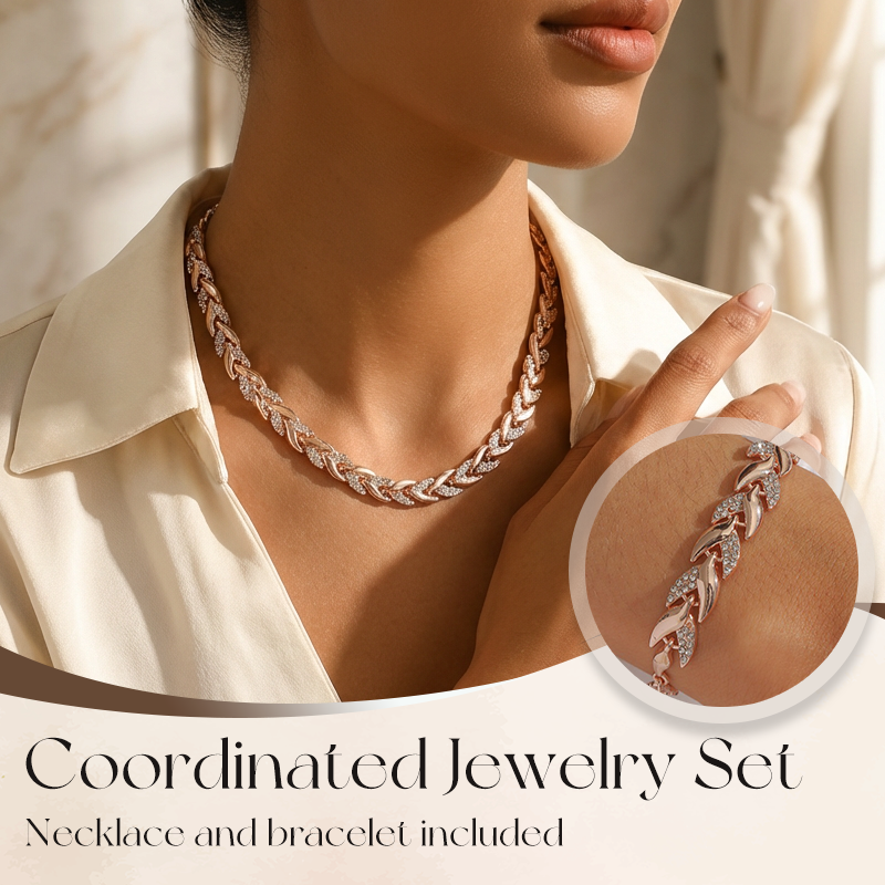 💎 50% RABATT NU! ✨ Justerbart Strass Blad Länk Halsband & Armband Set – Elegant Design, Gnistrande Kristaller & Perfekt Present 🍃