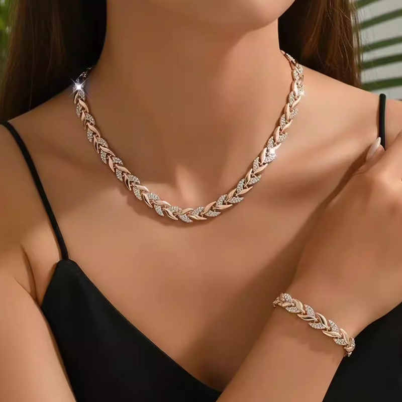 💎 50% RABATT NU! ✨ Justerbart Strass Blad Länk Halsband & Armband Set – Elegant Design, Gnistrande Kristaller & Perfekt Present 🍃