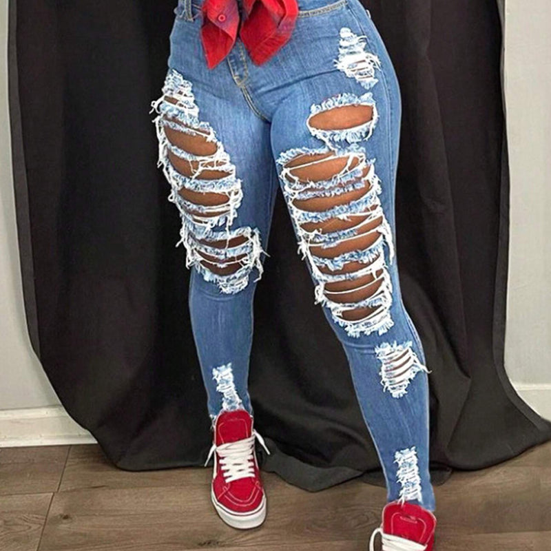 Skinnyjeans med hög midja och slitningar för kvinnor
