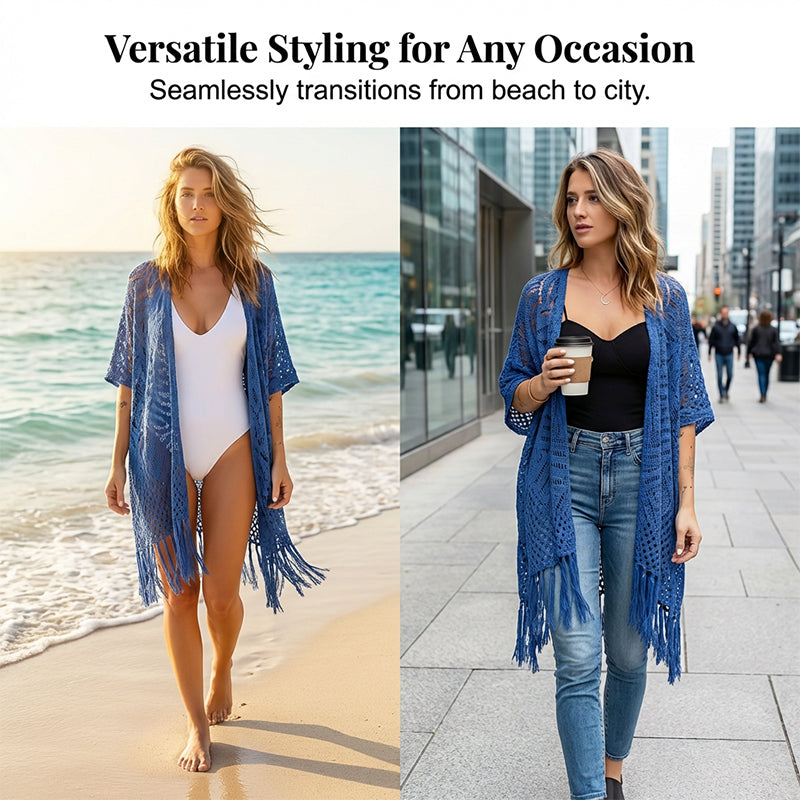 🌊 50% RABATT NU!✨ Dam Öppen Stickad Cover-Up med Tofsar – Bohemisk & Luftig – Strand Essential 🌴