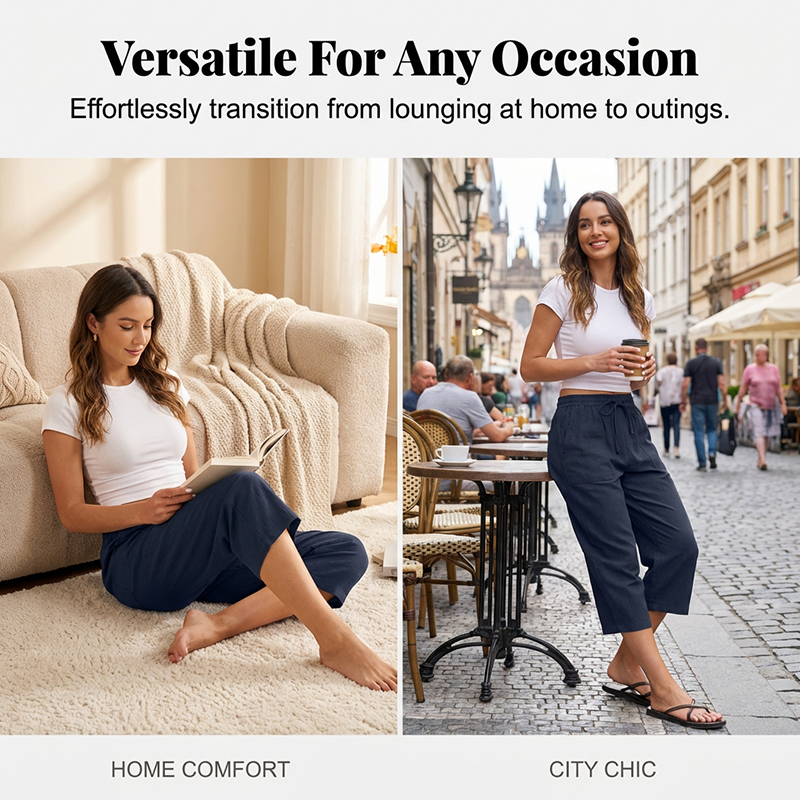 👖 50% RABATT NU! 🌿 Korta Byxor i Bomulls- & Linneblandning för Dam – Elastisk Midja med Dragsko, Vida Ben & Djupa Sidfickor, Perfekt För Varma Dagar ✨