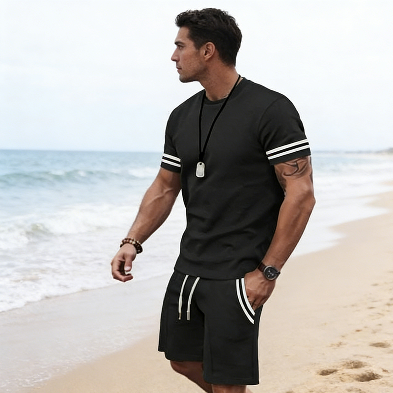 ✨ 50 % rabatt🔥 2-delat set för män: randig t-shirt och shorts