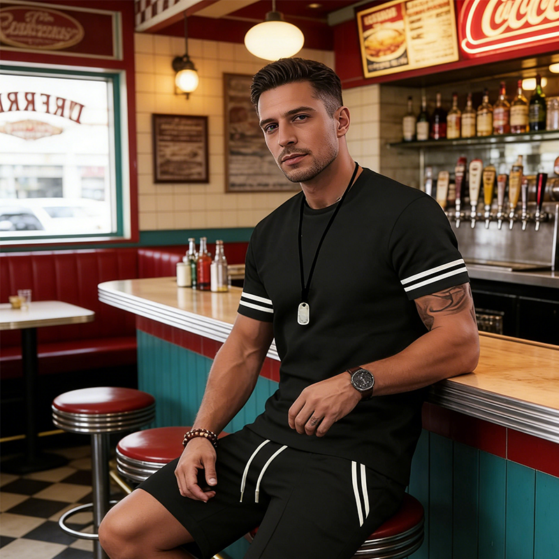 ✨ 50 % rabatt🔥 2-delat set för män: randig t-shirt och shorts