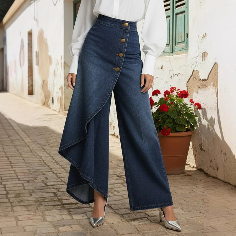 👖 50% RABATT NU! ✨ Asymmetrisk Wrap Denim Kjolbyxor – Högmidjad, Vida Ben & Dekorativ Knäppningsplåt 🌟