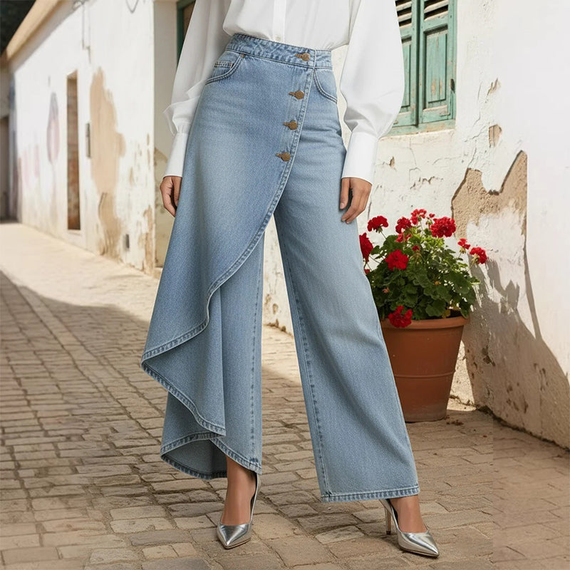 👖 50% RABATT NU! ✨ Asymmetrisk Wrap Denim Kjolbyxor – Högmidjad, Vida Ben & Dekorativ Knäppningsplåt 🌟