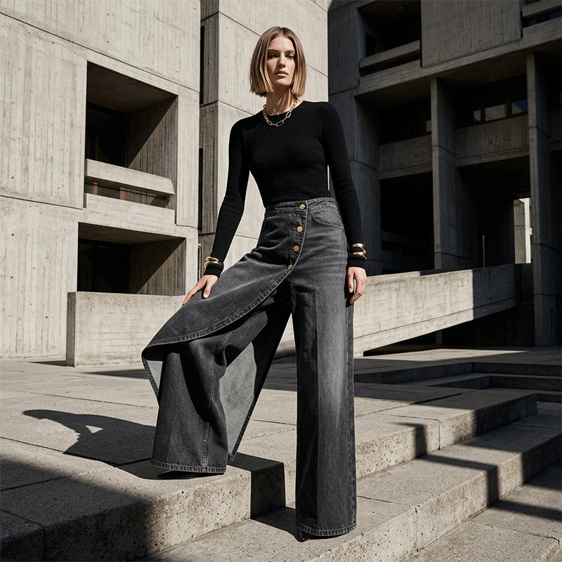 👖 50% RABATT NU! ✨ Asymmetrisk Wrap Denim Kjolbyxor – Högmidjad, Vida Ben & Dekorativ Knäppningsplåt 🌟
